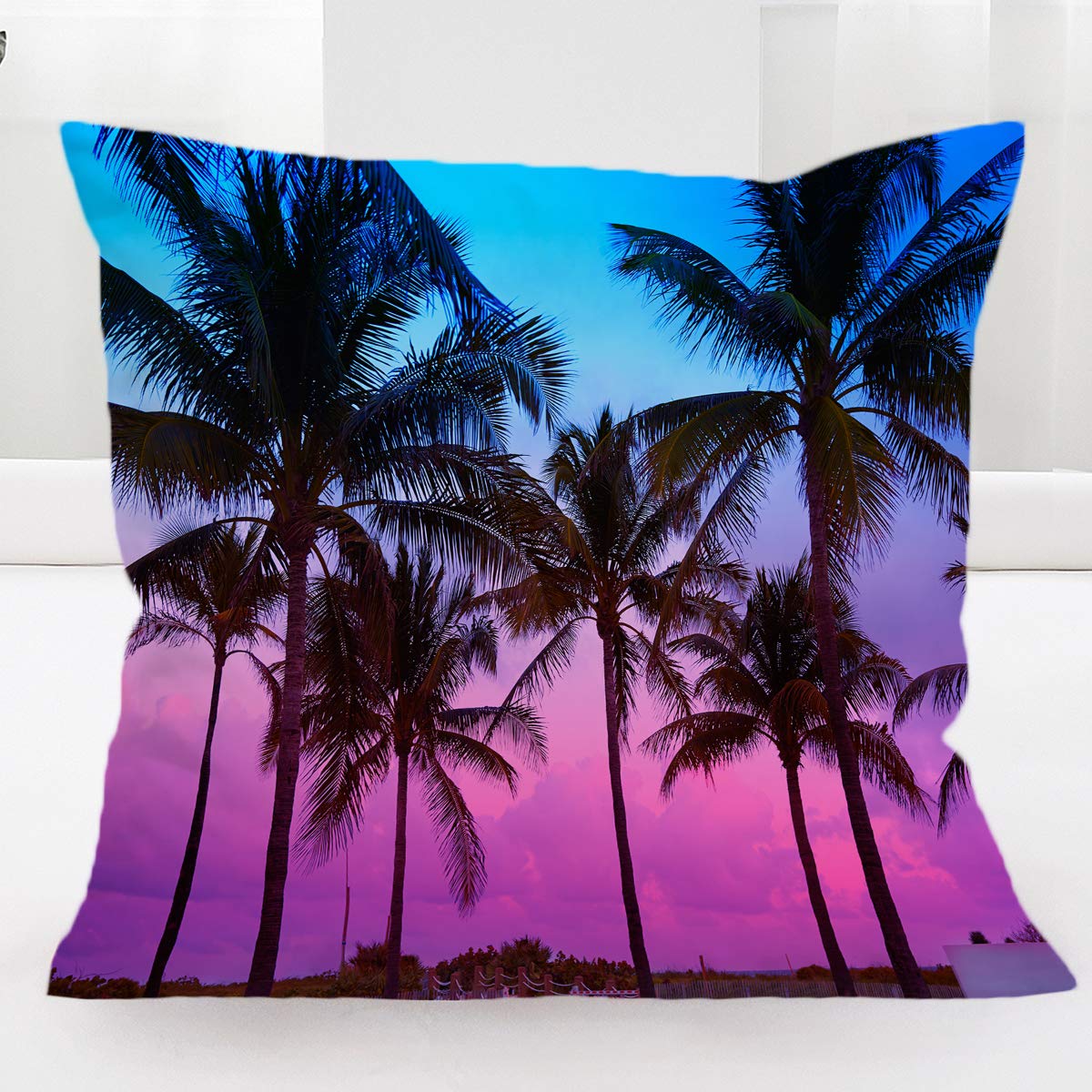 BlessLiving Tropical Sunset Palms Throw Pillowcase Exotic Twilight Scenery Beach Cottage Cushion Cover Palm Trees Silhouette at Sunset Home Decor, Purple and Blue(28x28 inch)