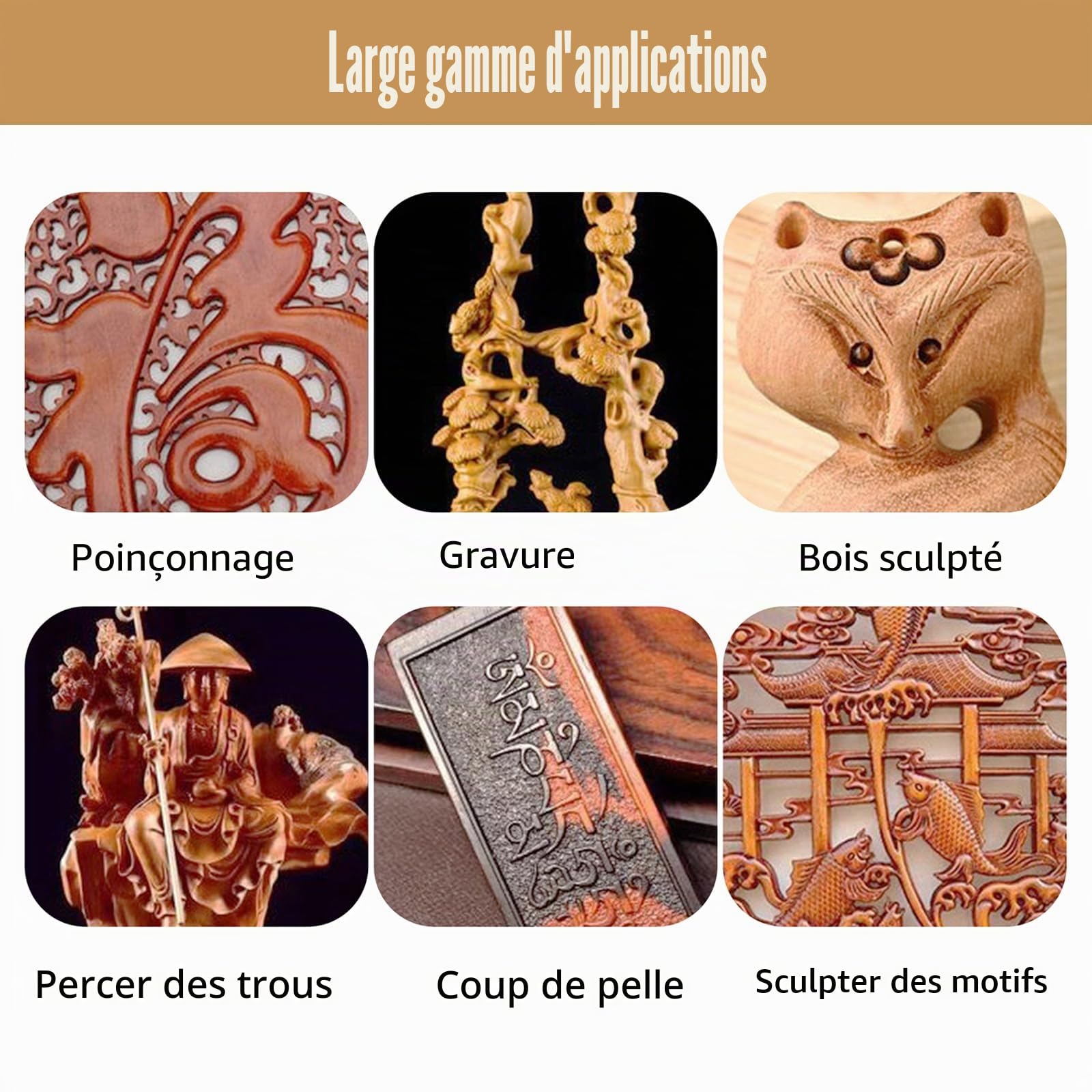4 pièces de set de ciseaux à bois, set d’outils de ciseaux à bois ronds courbés creux, acier CR-V à bord semi-circulaire 8 mm (5/16")/12 mm (1/2")/18 mm (3/4")/24 mm (1") pour l’artisanat DIY (arête