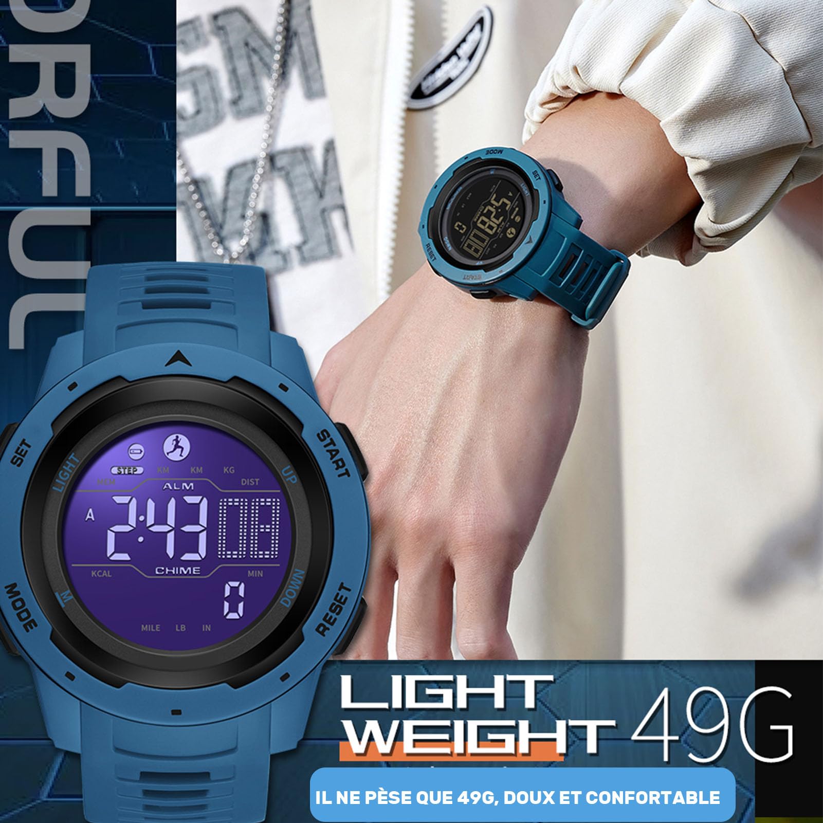 findtime Sportuhr, digital, militärisch, wasserdicht, 50 m, mit Stoppuhr, Alarm, Countdown, doppelte Zeit, Schwarz , Riemen