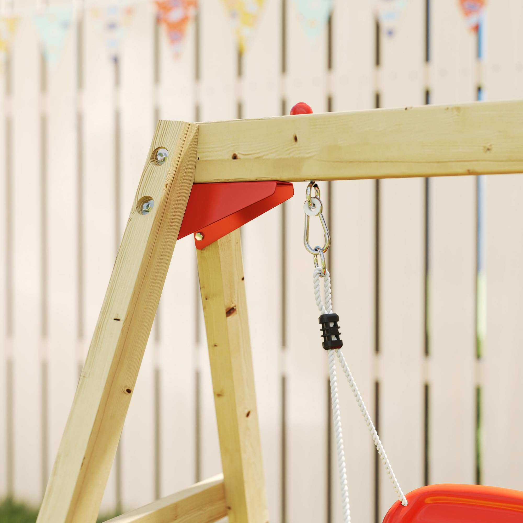 Outsunny Columpio y Tobogán Infantil, 5 en 1, Parque Infantil Exterior de Madera con Columpio, Tobogán, Volante, Bocina, Teléfono, para Niños de 18-48 Meses, para Patio, Césped, Rojo