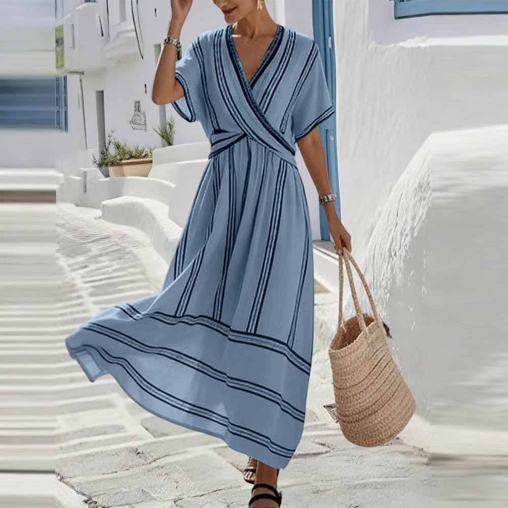 Womens Maxi Dresses Casual Striped V Neck Short Sleeve Sundress
