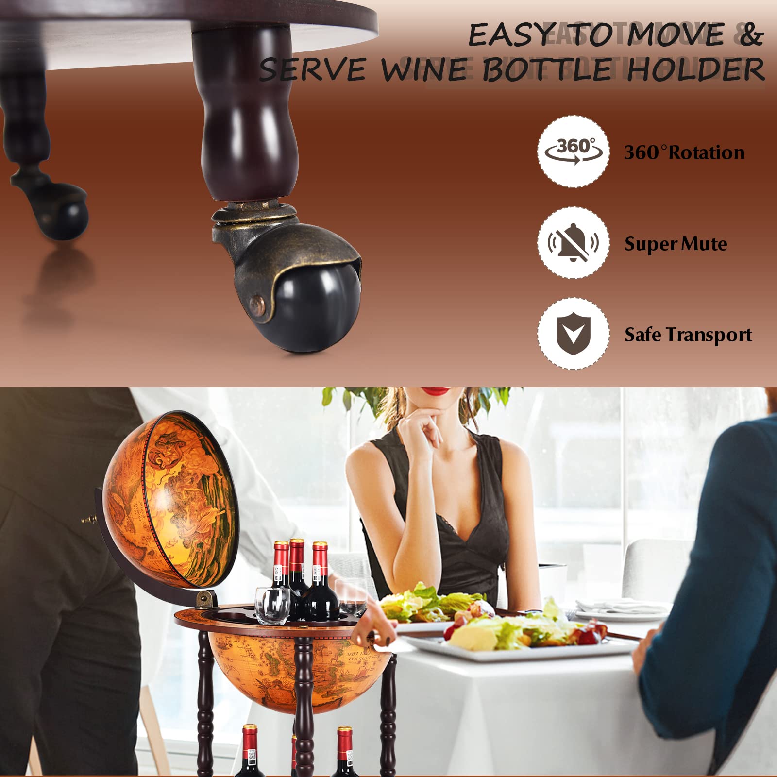 KOMFOTTEU Botellero Bar Globo Terráqueo con Ruedas, Soporte para Botellas de 2 Niveles, Carrito de Bar de Madera, Mueble Minibar para Bebidas, para Restaurante, Fiesta (Marrón, 47 x 47 x 90 cm)