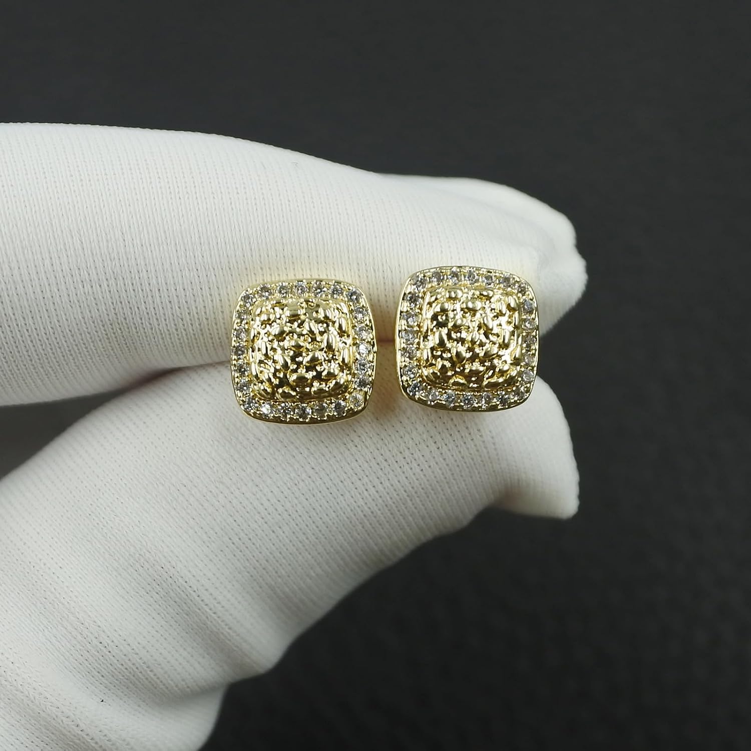 14K Gold Plated Square Rough Textured Nugget Earring For Men and Women, Unisex, Cubic Zirconia Stud Earring For Men