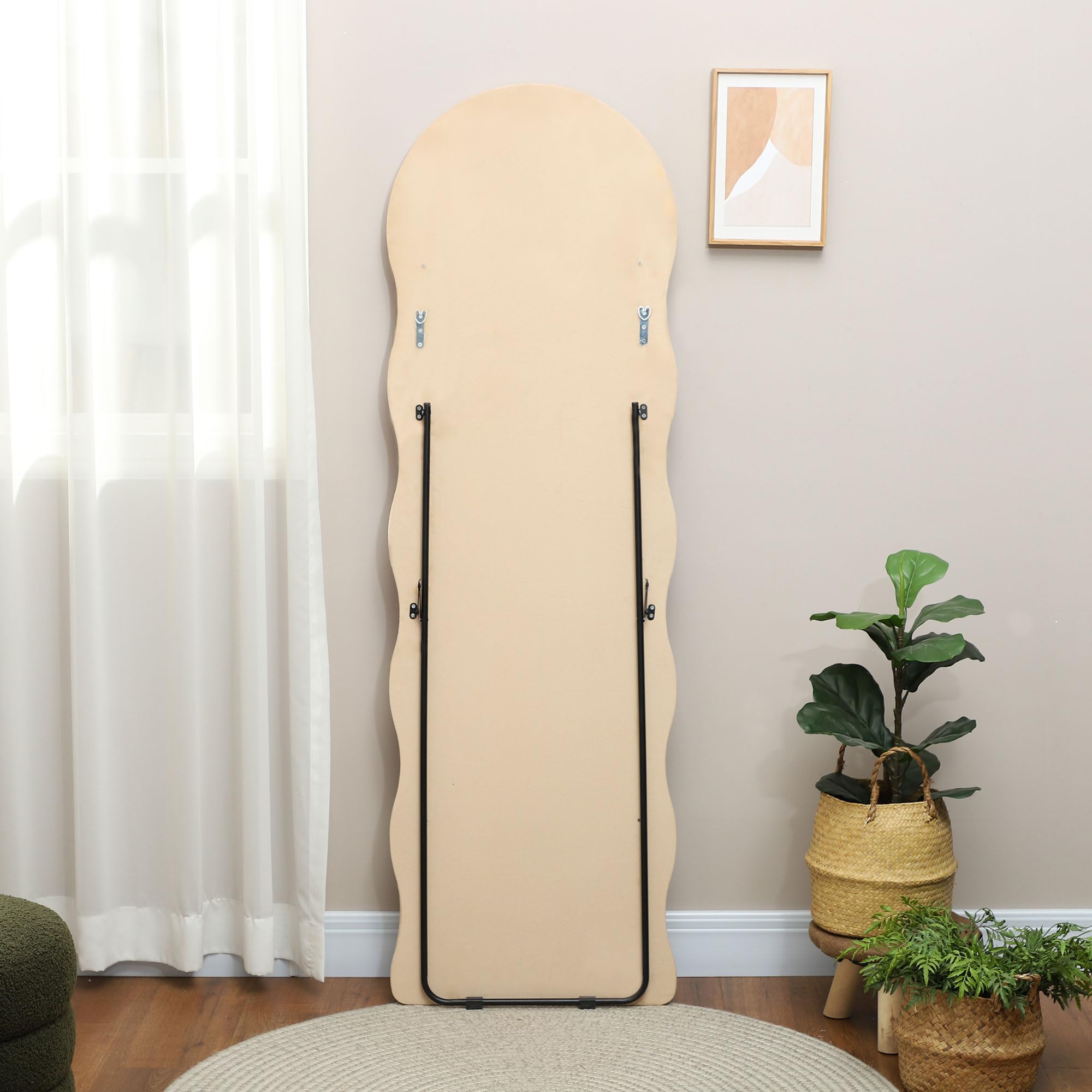 HOMCOM Espejo de Cuerpo Entero 160x50 cm Espejo de Pie o de Pared Diseño Ondulado Marco con Tela de Terciopelo para Salón Dormitorio Beige