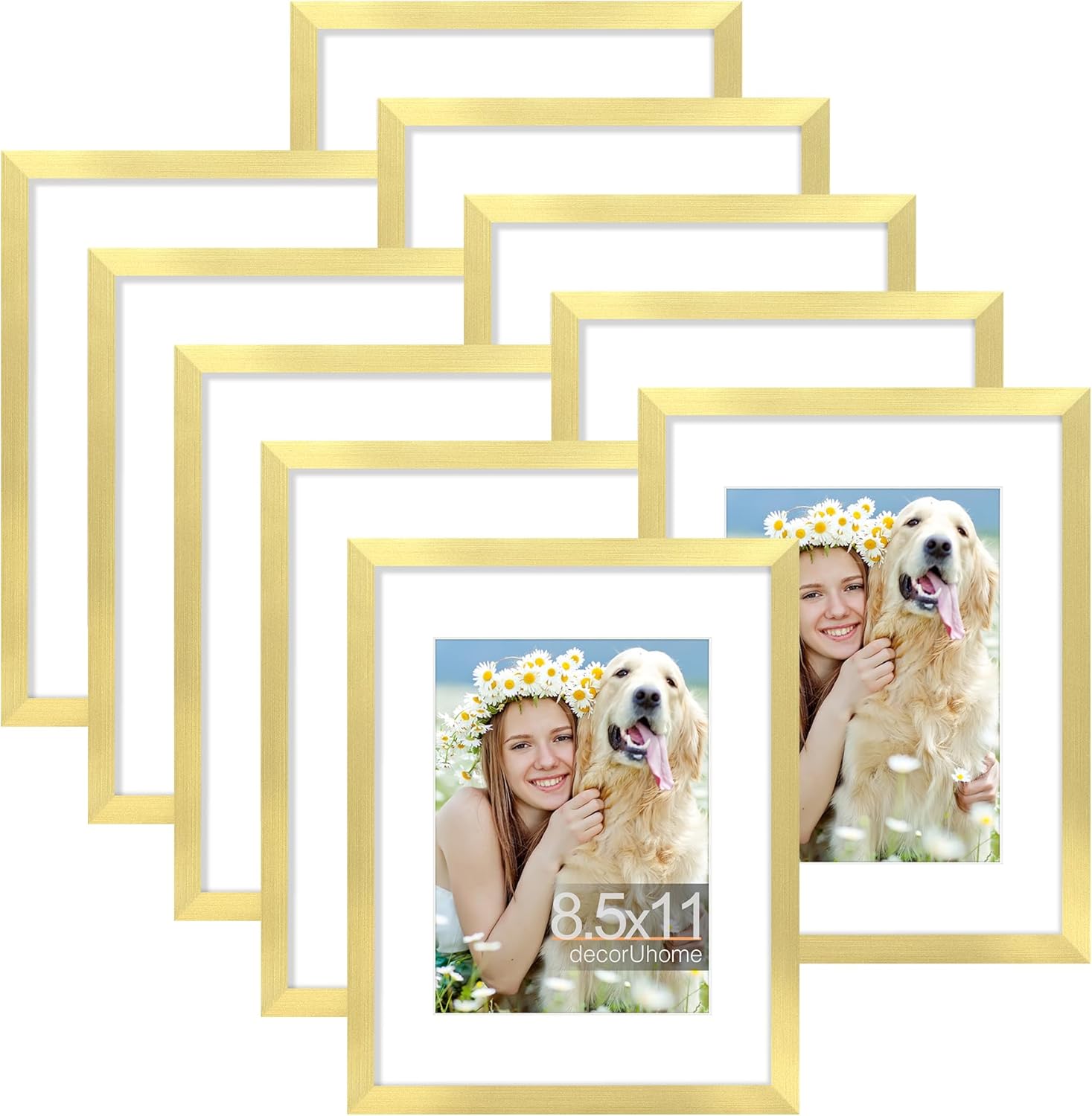 decorUhome 8.5 by 11 Picture Frame Set of 10, Display Photos 6x8 with Mat or 8.5x11 Unmatted for Picture Frames Collage Wall Decor, Gold