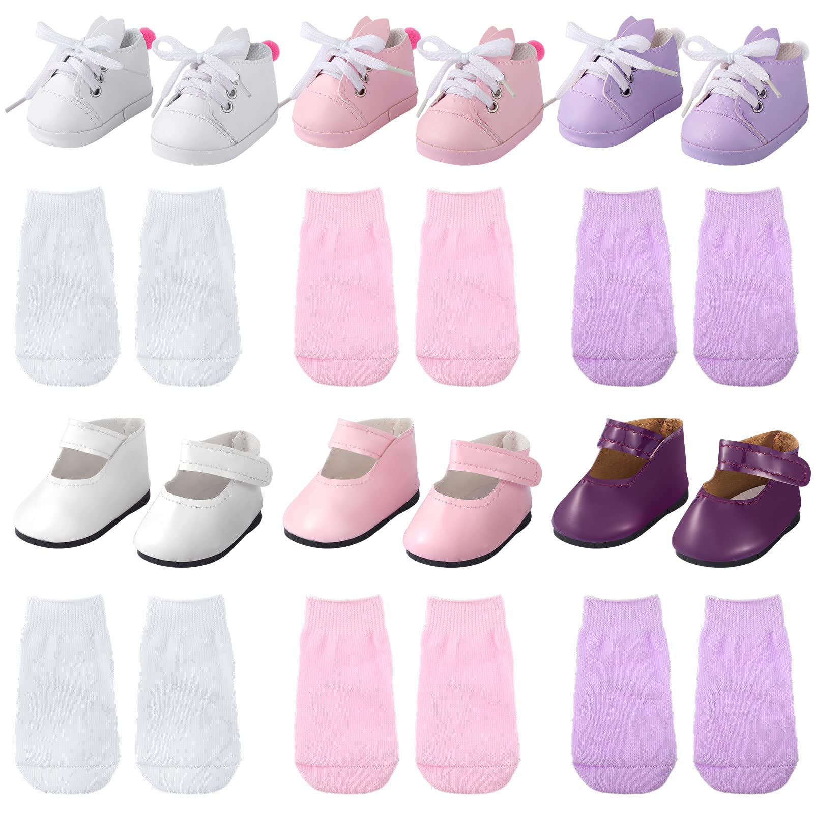 Junkin 12 Pcs Doll Shoes Socks for 18 Inch Doll Shoes Accessories Doll Sneakers Imitation Leather Shoes for Doll Clothing