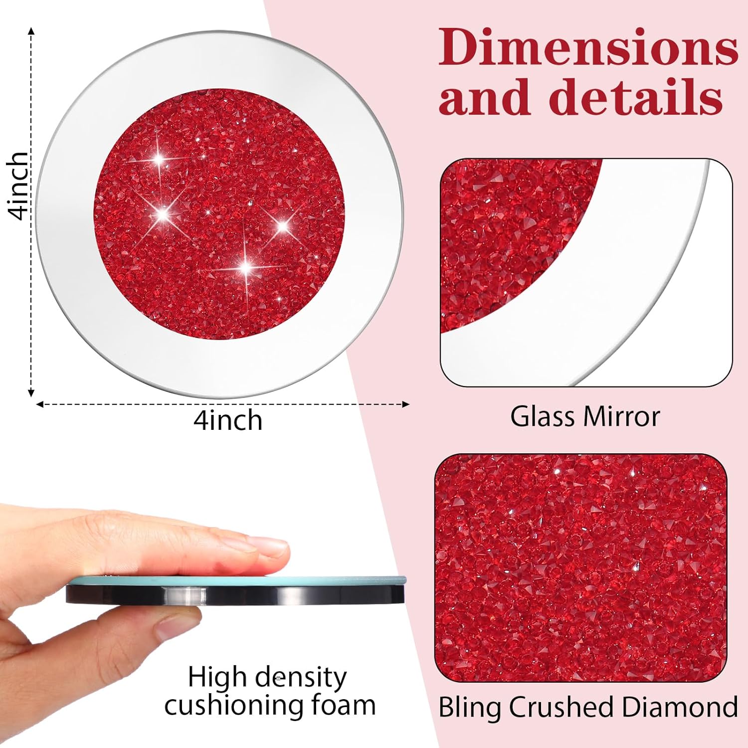 Jetec Mirrored Glass Coaster Set of 6 with 1 Holder 4" Crushed Diamond Round Cup Mat Glitter Crystal Rhinestone Glass Coaster Bling Table Decor for Bar Kitchen Gift for Christmas(Red,4 Inch)