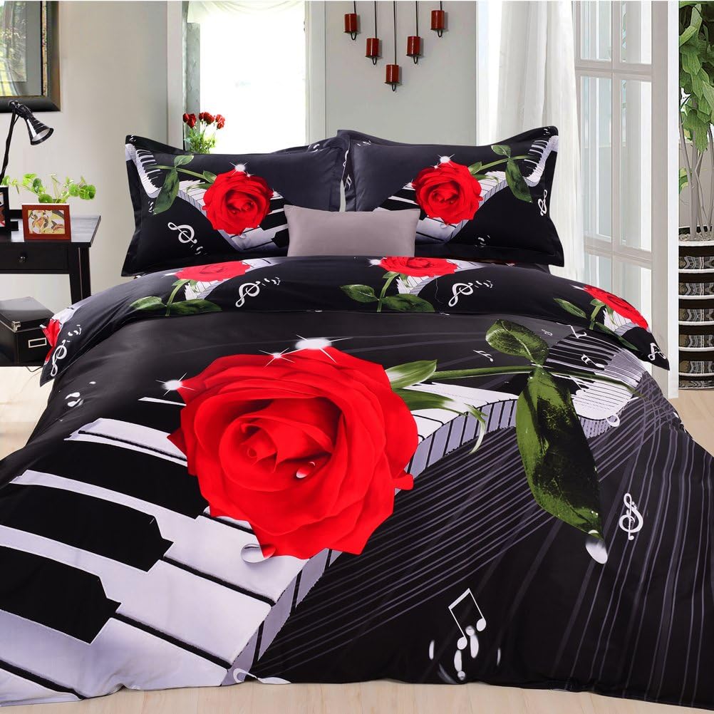 SHINICHISTAR 100% Cotton Bedding Sets Queen Size 4pcs Rose Music Note Reactive Printed