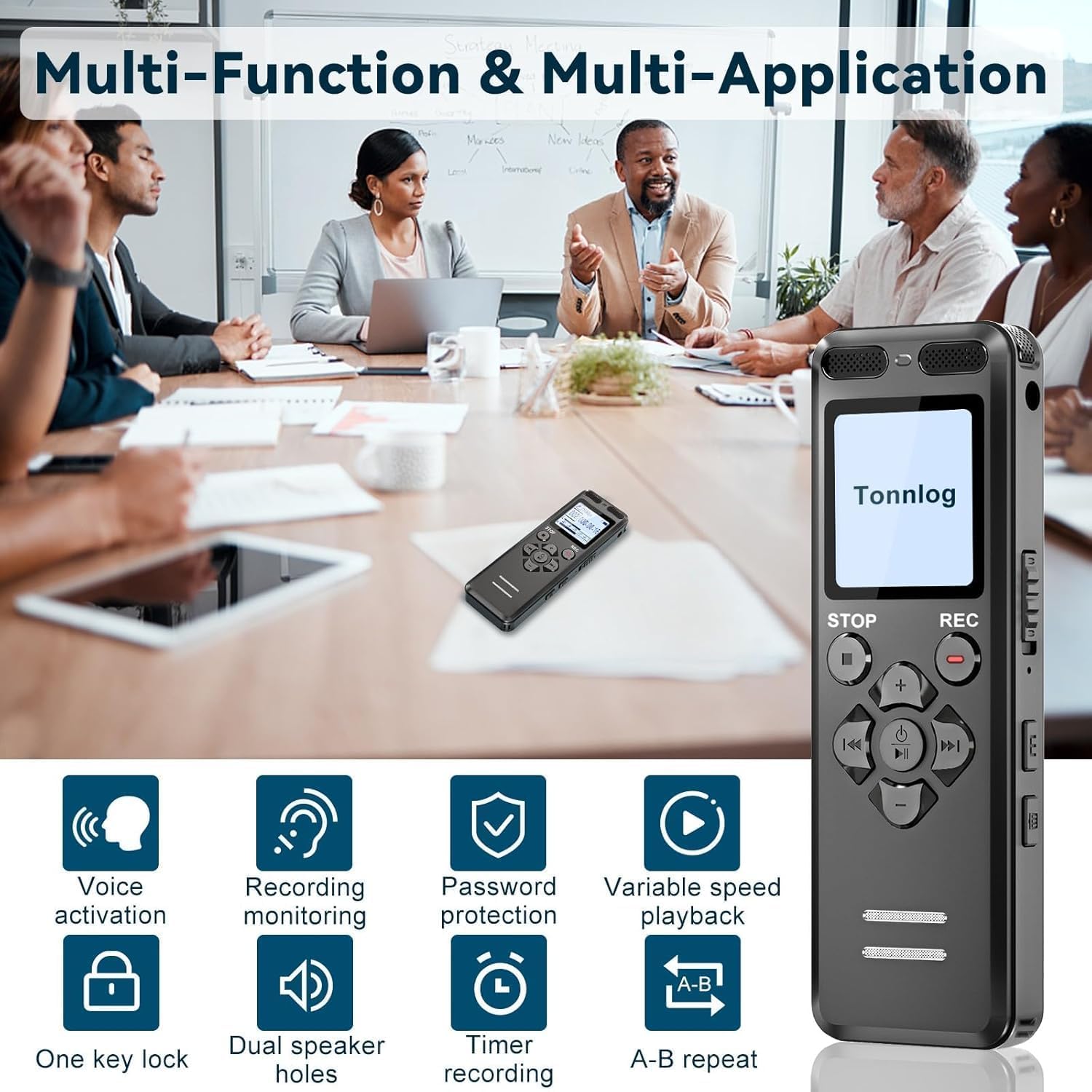 80GB Registratore Vocale, Tonnlog Registratori Vocali Digitali Professionale Portatile con Attivazione Vocale, USB-C Registratore Audio per Lezioni Riunioni, Registrazione/Bloccare con un Solo Clic