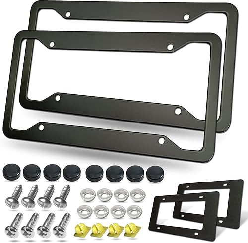 BGGTMO Marcos de matrícula de aluminio negro mate, paquete de 2 cubiertas resistentes para etiquetas de automóvil delanteras y traseras, soporte