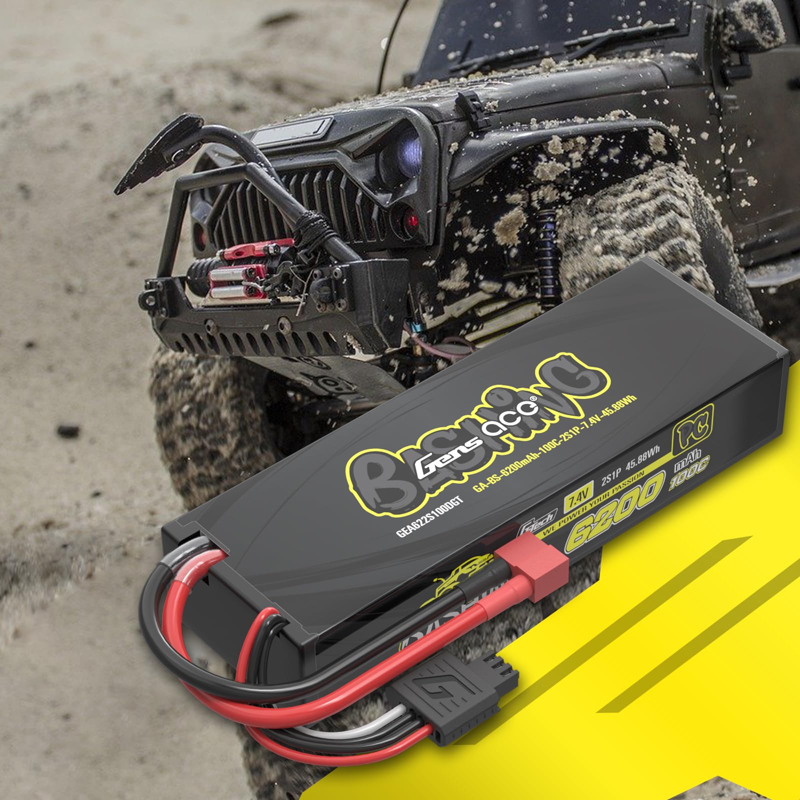 Gens ace 2S LiPo akumulator 7,4 V 6200 mAh 100C twarda obudowa z wtyczką Deans – RC akumulator samochodowy do 1/18 mini modeli