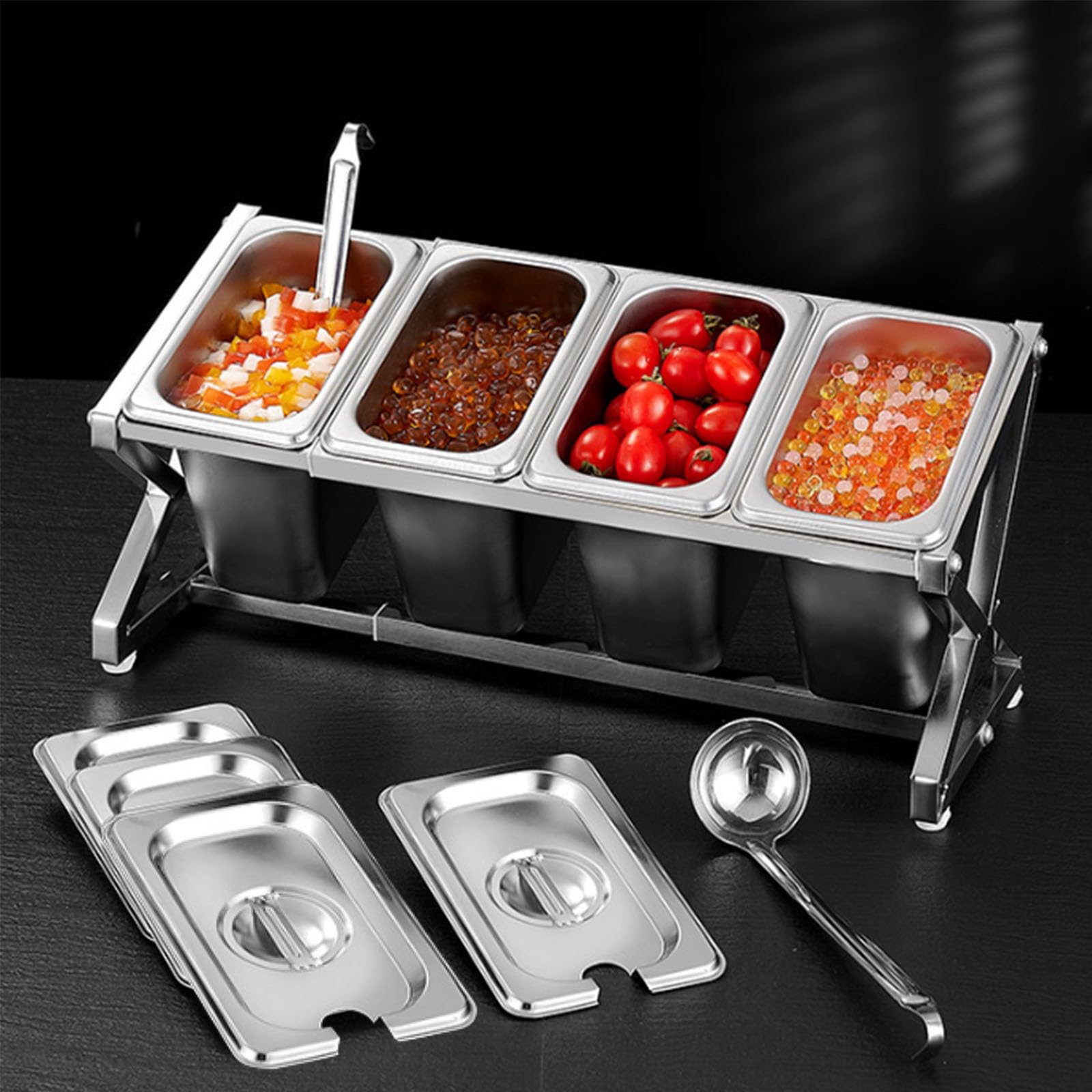 HADECOLL Pizza Topping Station With Spoon, Expandable Spice Rack Shelf, Condiment Caddy With Lid, Fruit Veggie Dispenser Tray For Sauce Ingredients,4 grids