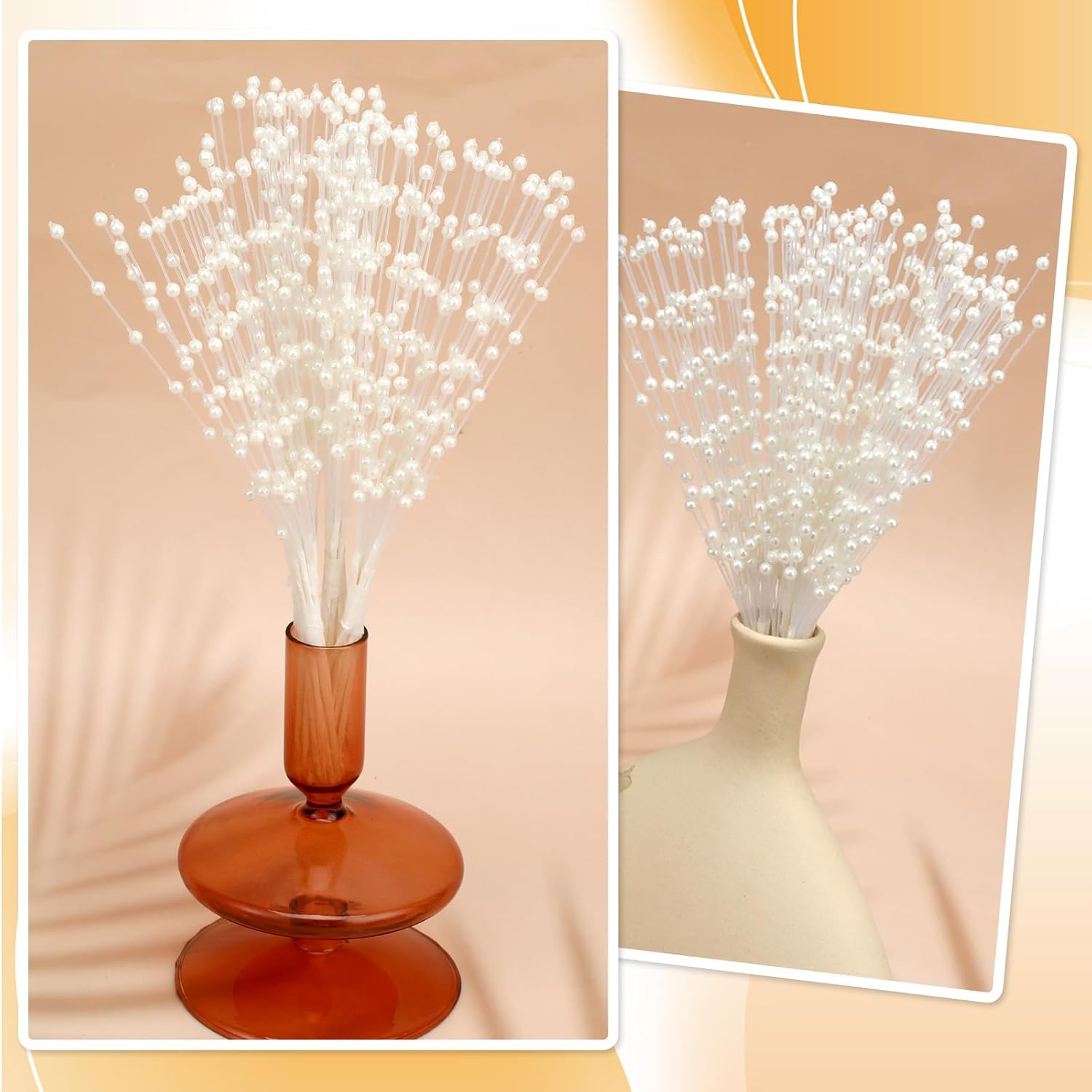 50 PCS Matte Plastic Beads Floral Picks for Bouquets Beaded Spray Filler Floral Arrangements 4mm Stick Stems Bouquets Florals Picks Bead String Garland Wedding Party Decoration(Cream Color)