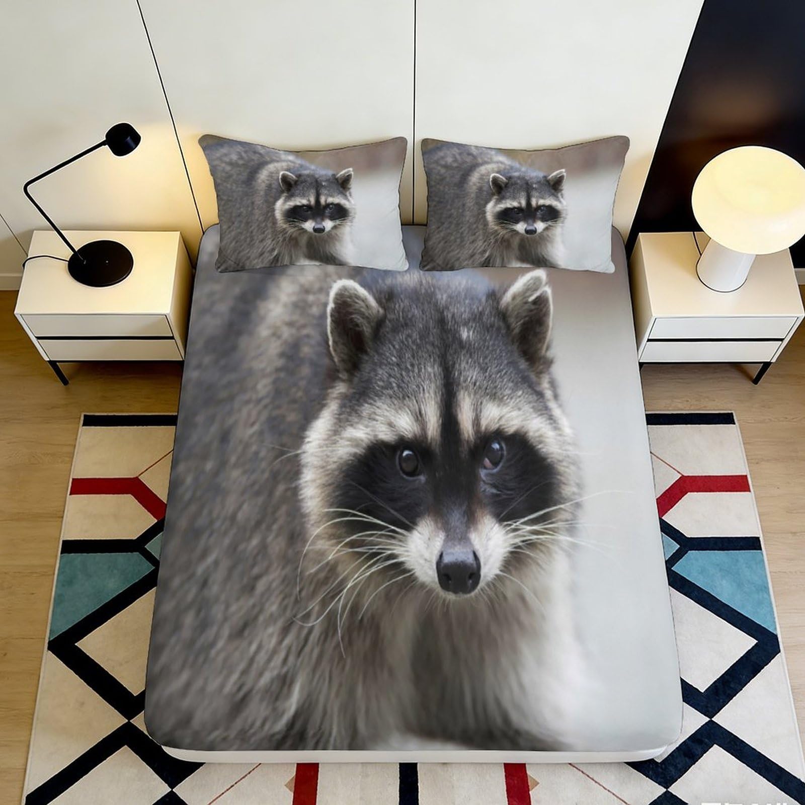 3D Printed Realistic Raccoon Fitted Sheet Microfiber Soft Breathable Forest Animal Mattress Cover for Bedroom Decor 120x200x25cm