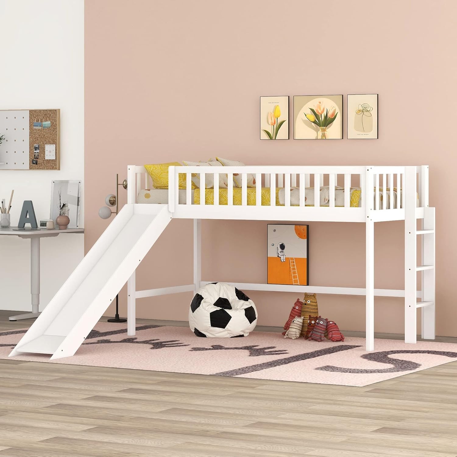 Harper & Bright Designs Low Loft Bed with Slide, Wood Twin Size Kids Loft Bed Frame with Ladder, Full-Length Guardrail for Kids Girls Boys, No Box Spring Needed (White)