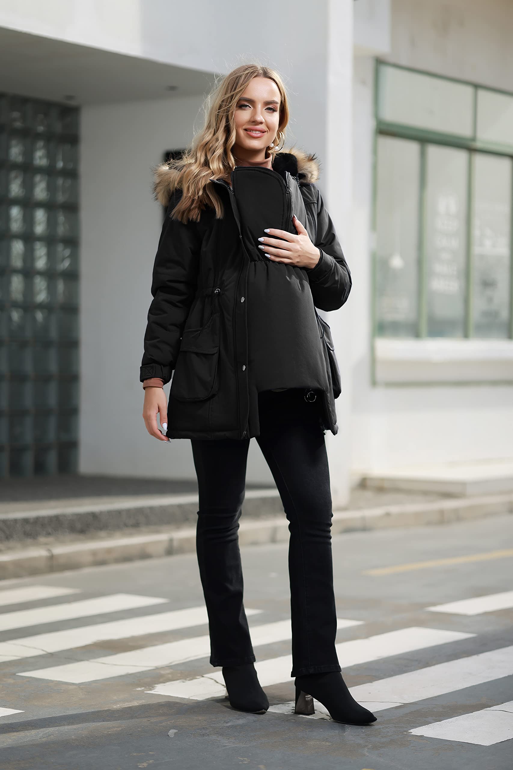 Maacie Cappotto premaman da donna 3 in 1 ispessito Outwear foderato in pile cappotto invernale caldo con cappuccio