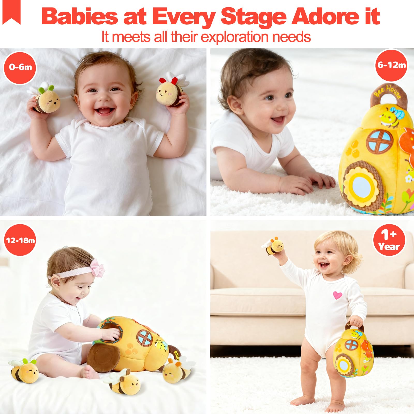 Baby Toys for Baby Infant 0-3-6-12 Months, Soft Beehive Toddlers Busy Toys with 5 Sensory Plush Bees - Bells, Crinkle, Rattles, Mirror & Textures, Stuffed Animals for Boy, Girl Christmas Birthday Gift