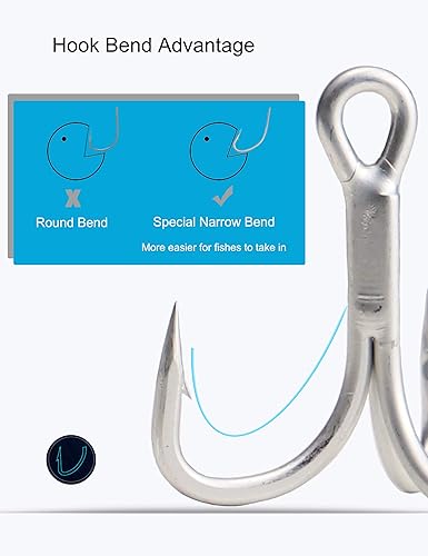 Miniatura 5 de Beoccudo Ganchos agudos de agua salada de gran tamaño 4X fuertes y triples ganchos de pesca para caza grande, trucha, pescado azul, salmón, pez rey