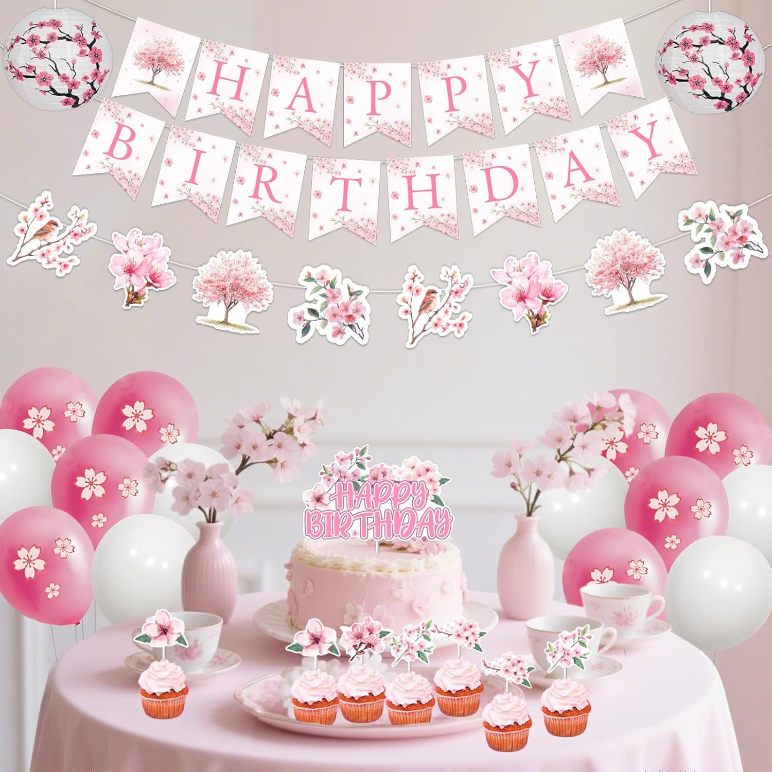 Pink Cherry Blossom Birthday Party Decorations, Happy Birthday Banner Cake Topper, Sakura Themed Garland Cupcake Topper Paper Lanterns and Balloons for Woman Party Supplies - Image 2