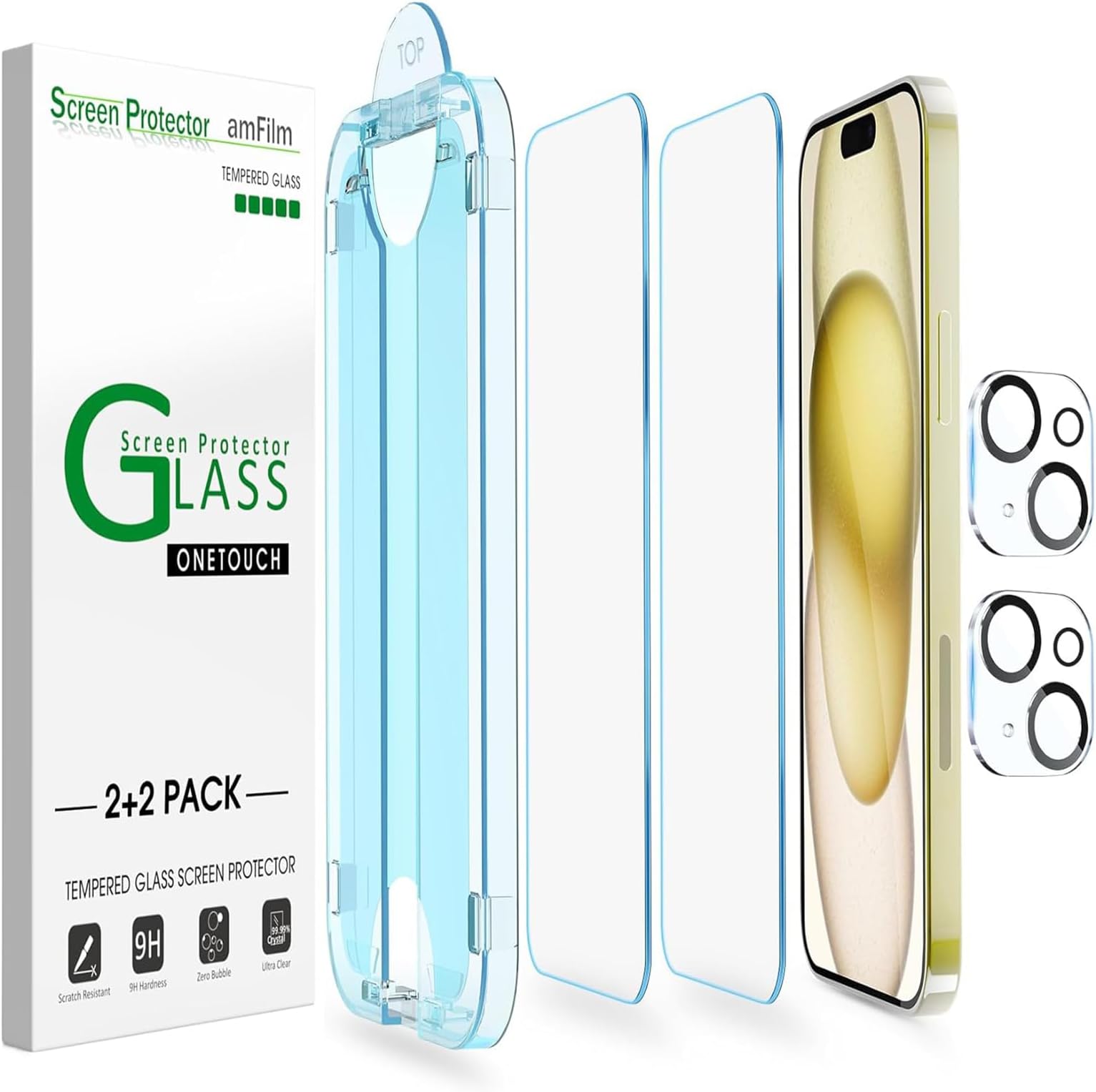 amFilm [2+2 Pack] OneTouch for iPhone 15 6.1 inch Glass Screen Protector Guard with Camera Lens Protector. Easiest to Installation, Bubble Free, Case Friendly
