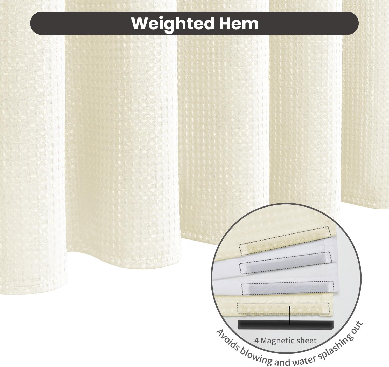Inhousolu No Hook Waffle Weave Shower Curtain with Removable Snap in Fabric Liner Set for Bathroom, 230 GSM Heavy Duty Weighted Hem, Water Repellent Washable Bath Curtains, 72 x 78 Inch, Ivory