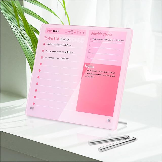 Bureau épais Acrylique Dry Effase Board à faire List Planner Board, 12"x10", Tableau blanc avec support, Frameless Rose Dry Erase White Board, pour bureau/maison/école