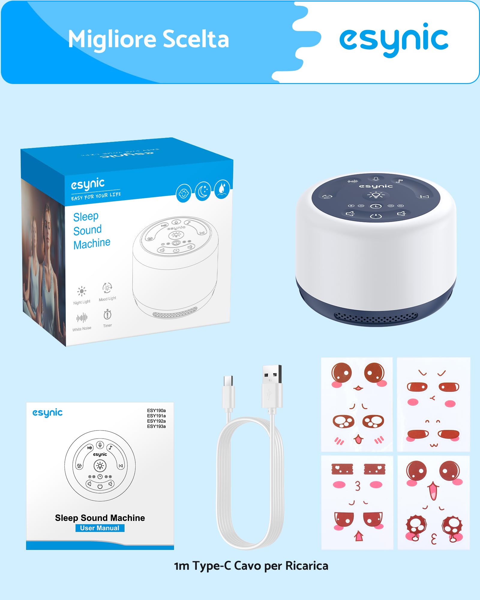 ESYNiC Rumore Bianco Neonato 30 Suoni con Luce Notturna 7 Colori Luminosità Regolabile Macchina Rumori Bianchi Ricaricabile Funzione Timer Memoria Registrazione Vocale per Bambini Adulti - Blu