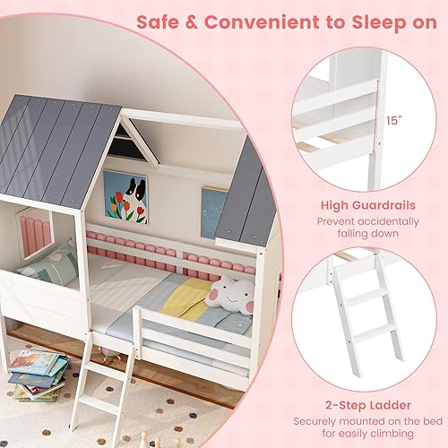 Miniatura 4 de Giantex Marco de cama individual para niños, base de cama baja con techo, ventanas laterales y escalera, soporte de listones de madera para niñas,