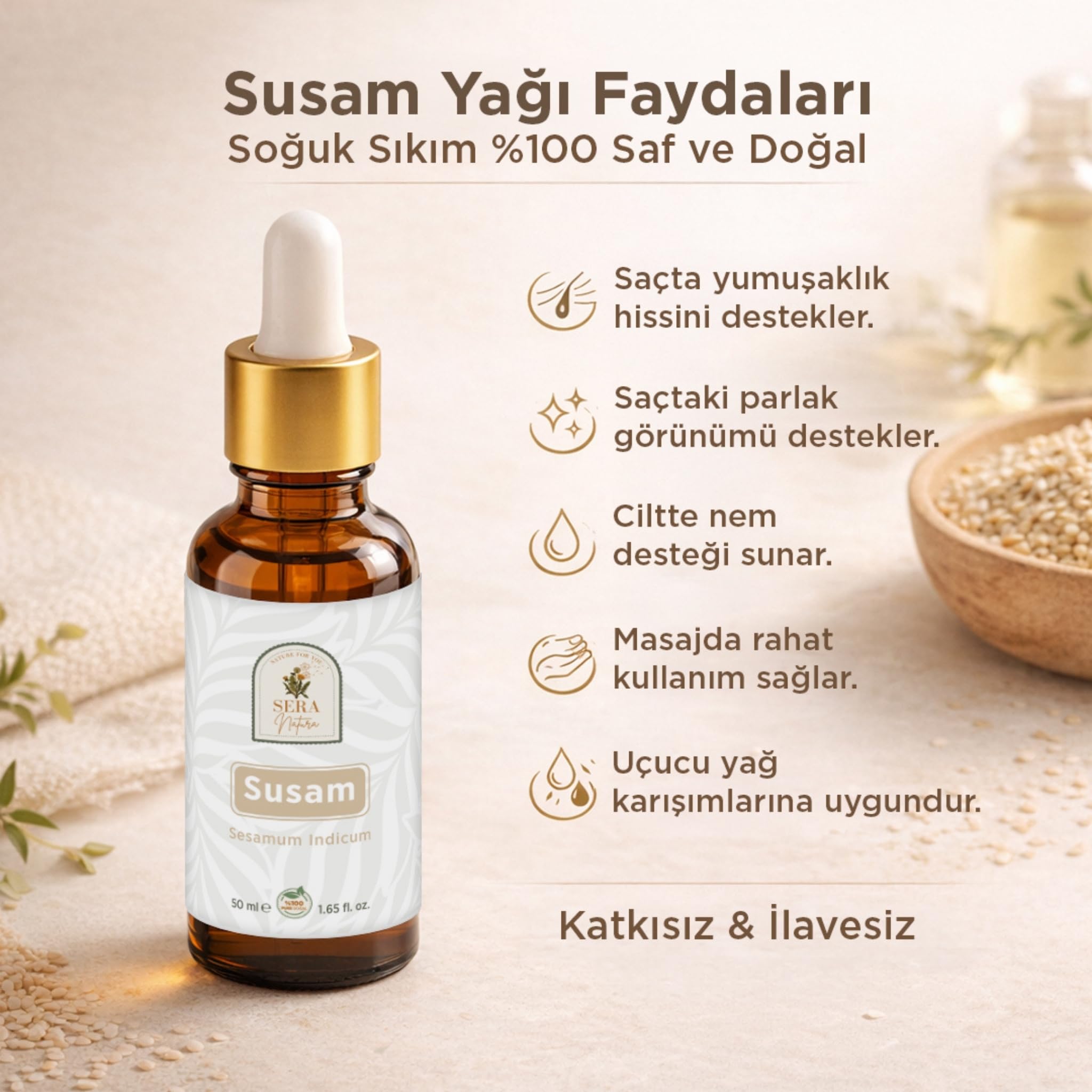 Susam Yağı 50 ml | Soğuk Sıkım,%100 Saf ve Doğal | Saç, Cilt Bakımı, Masaj ve Taşıyıcı Yağ Kullanımına Uygun