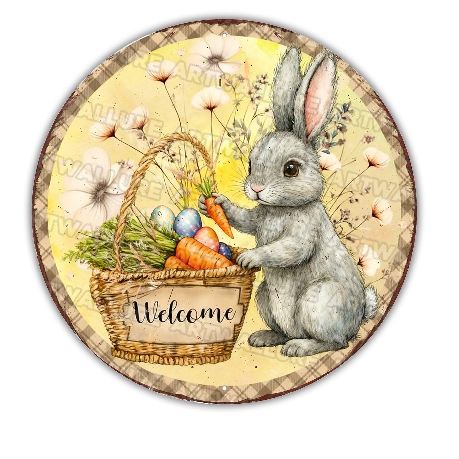 Welcome Bunny with Carrots Metal Sign Round Easter Farmhouse Wreath Design Rustic Spring Wall Art For Front Door Home Entryway Seasonal Decor 12x12Inch