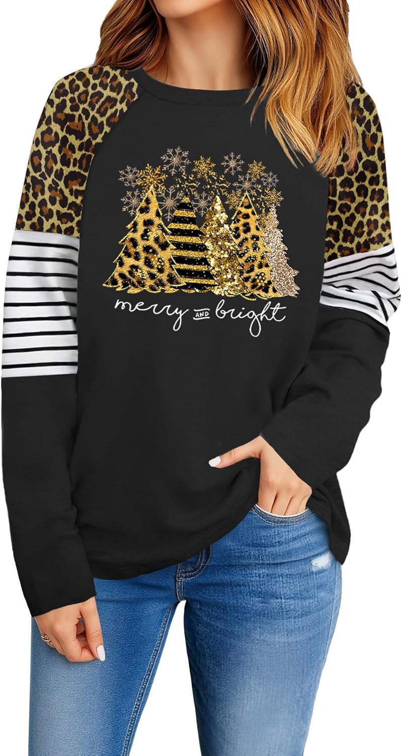 OCURHU Long Sleeve Christmas Shirts for Women Merry Christmas Leopard Striped T-Shirt Xmas Graphic Holiday Tops