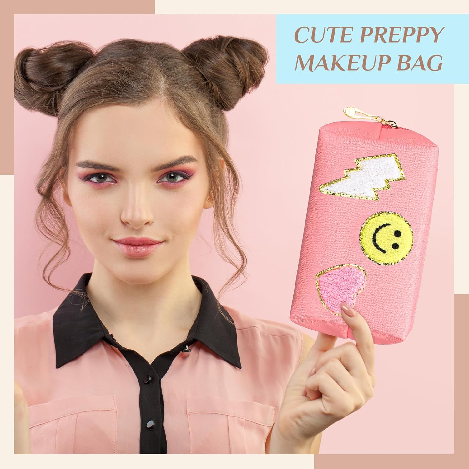 Silkfly 15 Pcs Preppy Patch Makeup Bag Bulk End of the Year Teacher Gifts Bulk Cosmetic Toiletry Bag Smile Lightning Heart PU Leather Portable Waterproof Makeup Cosmetic Purse for Women(Pink) - Image 4