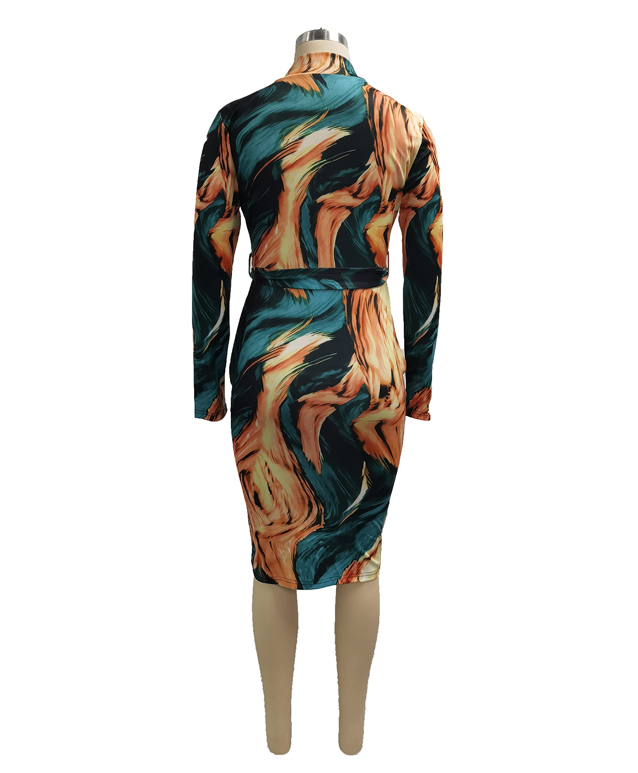 ECHOINE Vestido sexy con estampado floral, cuello en V, manga larga, cremallera frontal, elástico, entallado, para oficina, trabajo, con cinturón