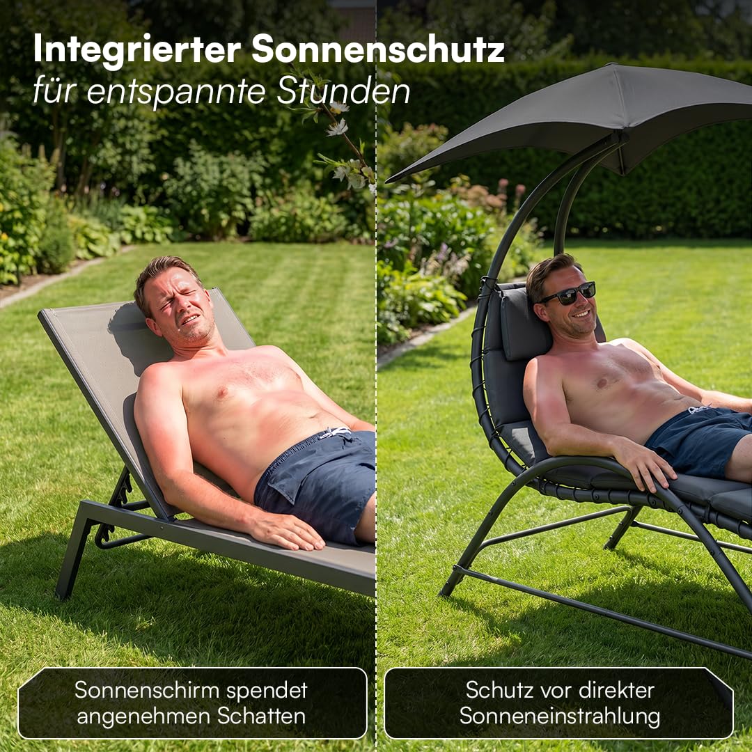 STEELSØN Nyria Sonnenliege mit Kissen Anthrazit – Gartenliege verstellbares Sonnendach – Liegestuhl bis 120 kg – Balkonliege wetterfest – Relaxliege großzügige Liegefläche – Outdoor Liege mit Gestell