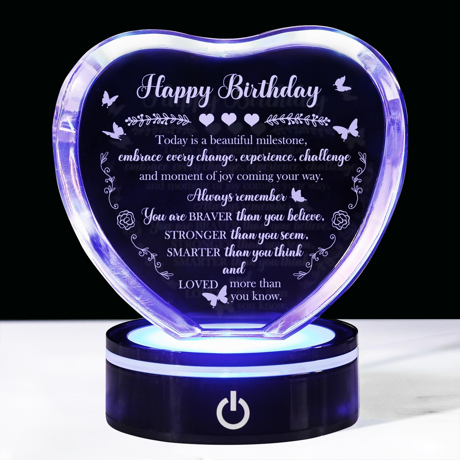 ROCKY&CHAO Birthday Gifts for Women Men, Laser Crystal Heart with Colorful Light, Happy Birthday Decorations, 3D Heart-Shaped Night Light Keepsake Birthday Gifts for Girlfriend Mom Grandma Wife Friend