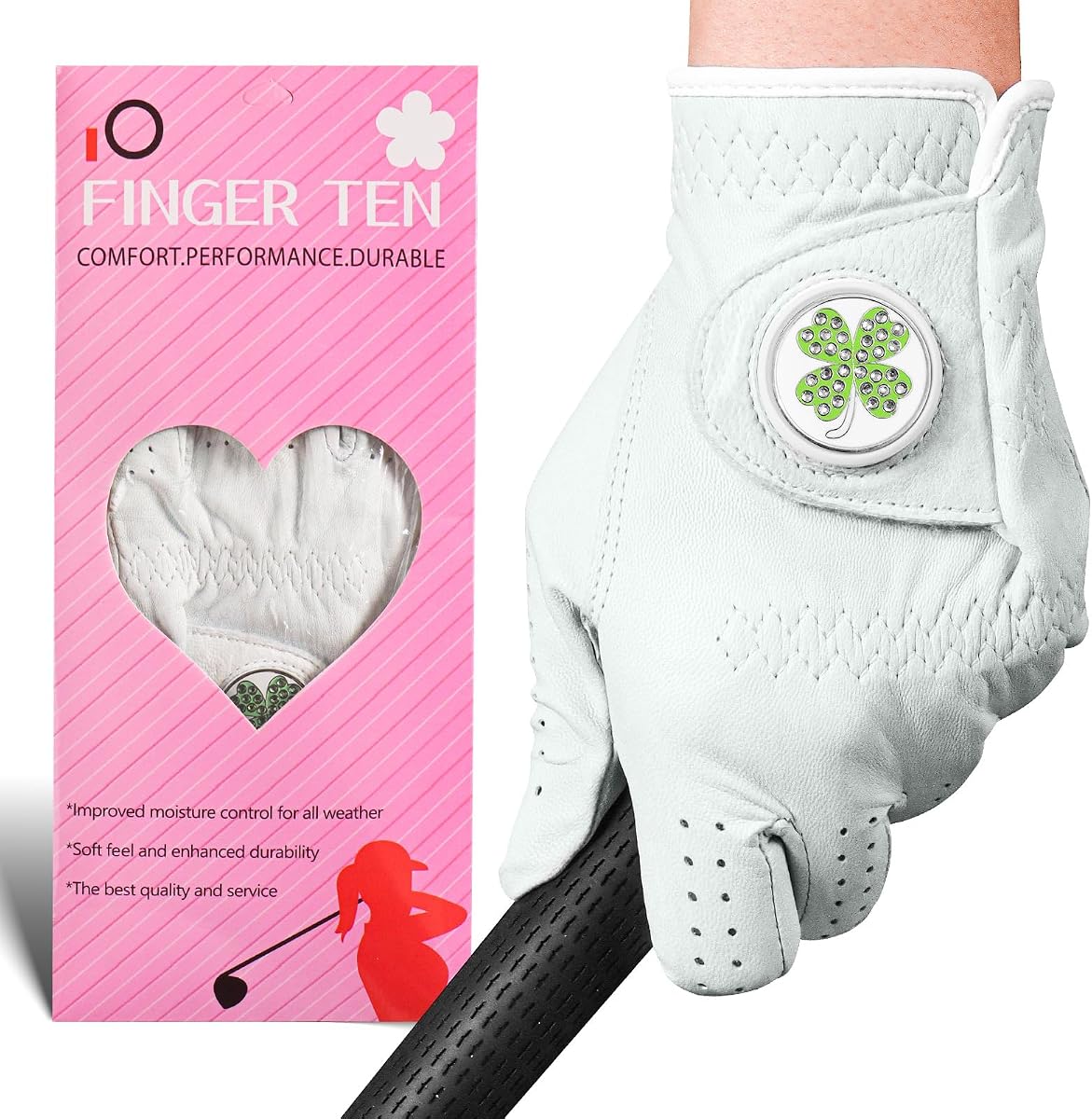 FINGER TEN Guantes de golf Mujer Cabretta Cuero 1 paquete | Guantes de golf para mujer izquierda/derecha con marcador de bola, agarre natural suave para un mejor control del palo, comodidad transpirable durante todo el día