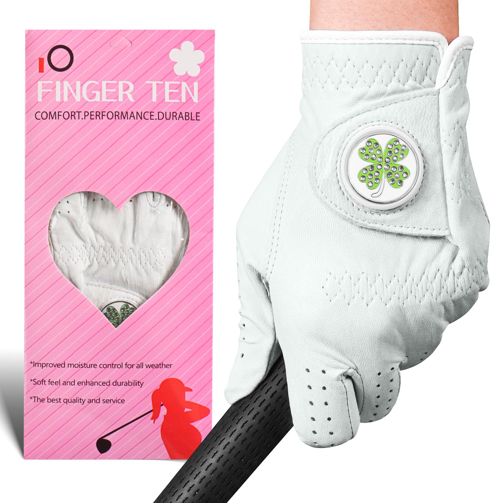 FINGER TEN Women’s Golf Gloves All Cabretta Leather With Ball Marker 1 Pack, Premium Soft & Flexibility Ladies for Left Right Hand, Available in White – Sizes S to XL (Four Leaf Clover, XL, Left)