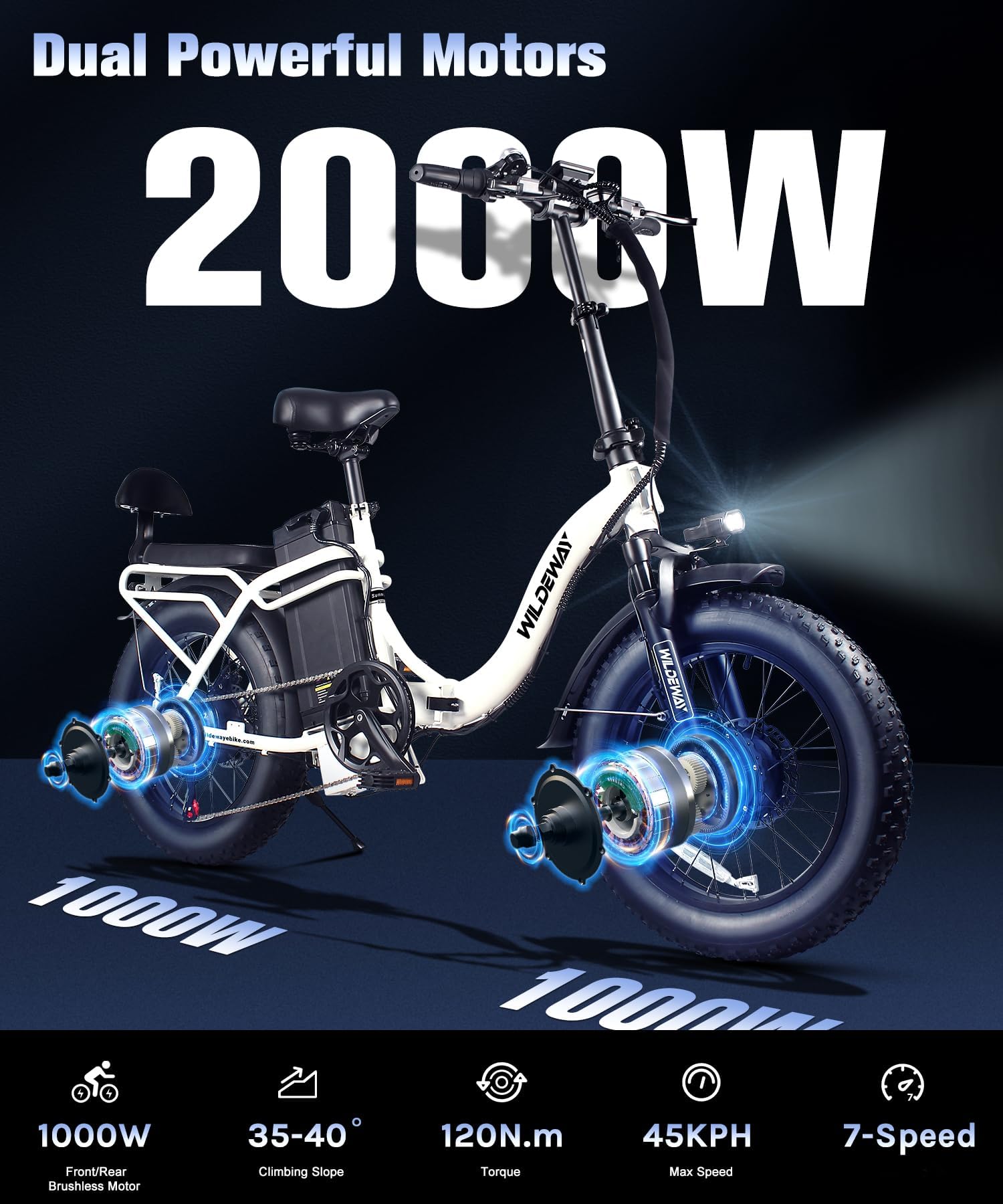 Wildeway 2000W Dual Motor Electric Bike SummitX 32Ah/60Ah Battery E-Bike 160+ Miles Long Range 28MPH Foldable 20x4.0 Fat Tire Ebike for Adult Hydraulic Brake Delivery Commuting Bicycle 2 Seat UL 2849