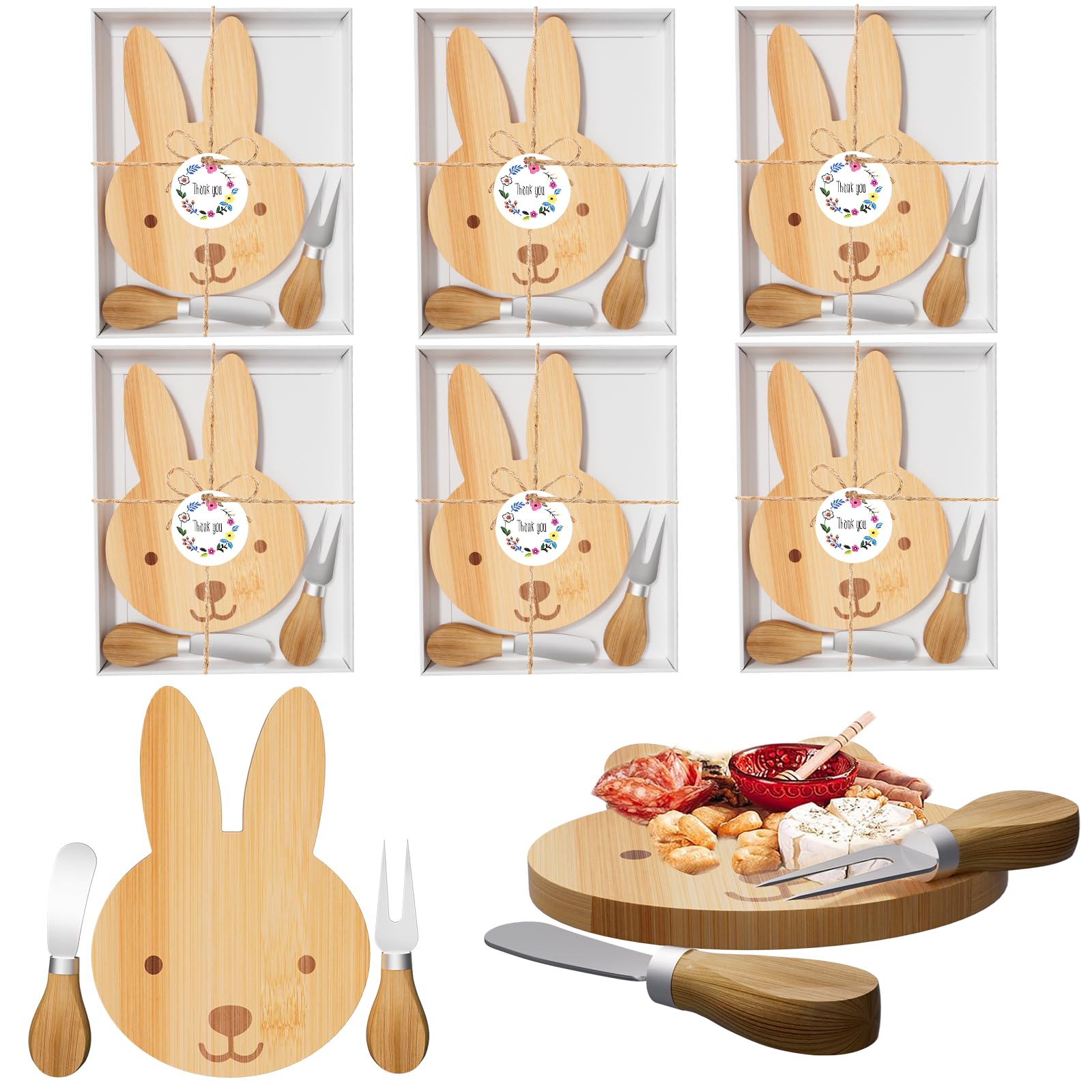Easter Rabbit Shaped Charcuterie Board Bunny Wood Cheese Board Spring Party Favors Cutting Board Serving Board Platter with Knife Set for Kitchen Decoration Baby Shower Tray Decor (6)