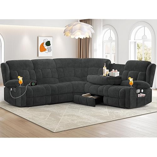 Recliner Sectional Sofa, 5 Seat L-Shaped Manual Reclining Sofa with Flip Middle Backrest Design, Large Storage Drawer, USB Ports, Sofa Couch for Home Theater (Gray)