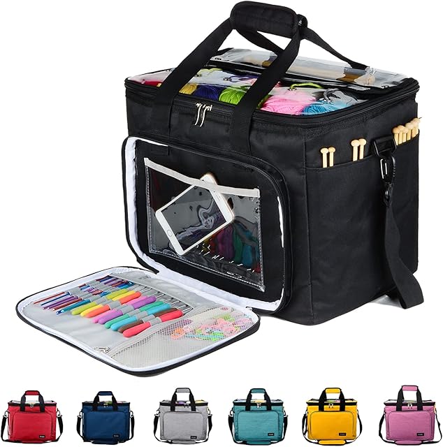 Knitting Bag for Yarn Storage, Hoshin Portable Crochet Tote Bag Yarn Organizer for Crochet Patterns and Hooks, Needles, Skeins of Yarn-Enjoy Knitting/Crocheting Anywhere(Black)