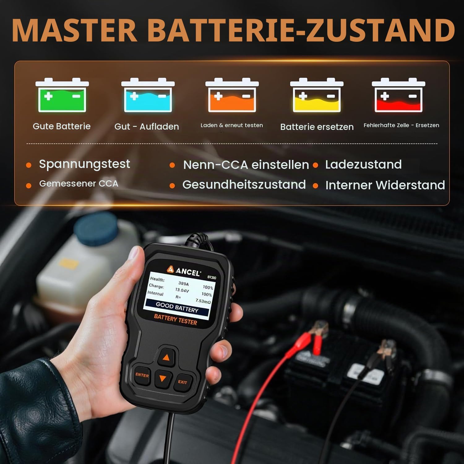 ANCEL BT310 Autobatterie Tester 12V 24V Batterietester KFZ 100–2000 CCA | Batterie Tester Auto mit Batterietest Anlasstest & Ladetest für SUV LKW ATV Boot PKW Motorrad Blei-Säure & Lithium Batterien