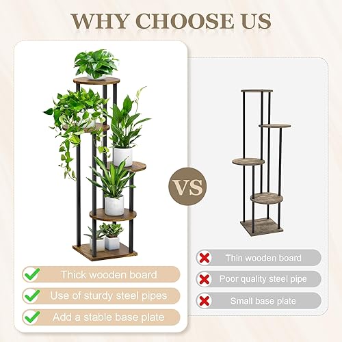 Miniatura 5 de Soporte para plantas de 5 niveles para interiores, estante alto de madera y metal para múltiples plantas, soporte para macetas de flores para