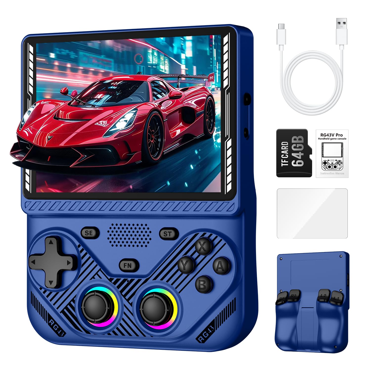 QLCGIWO RG43V Pro Retro Handheld Game Console, Portable Dual System with RK3562 CPU, 4.3 Inch HD IPS Retro Gaming Console, WiFi Networked Fighting and HDMI TV Output, 4000mAh Battery, 64GB Blue