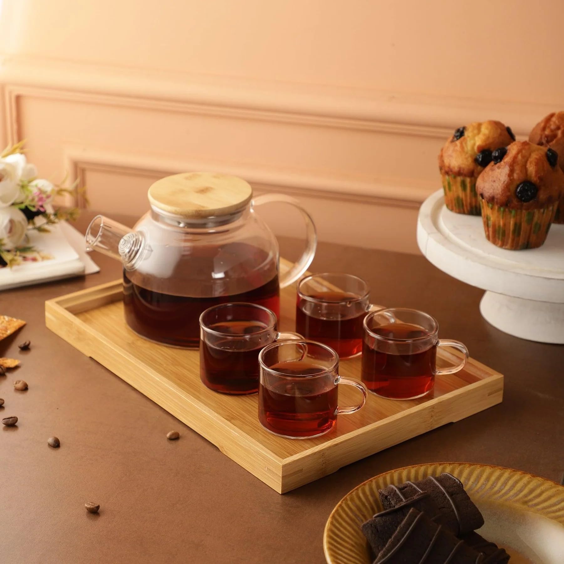 Inovique Enterprises Nirvana 8-Piece Borosilicate Glass Transparent Teaset | 1L Stovetope Safe Kettle & 6x130ml Cups with Wooden Tray | Perfect for Tea and Coffee 1