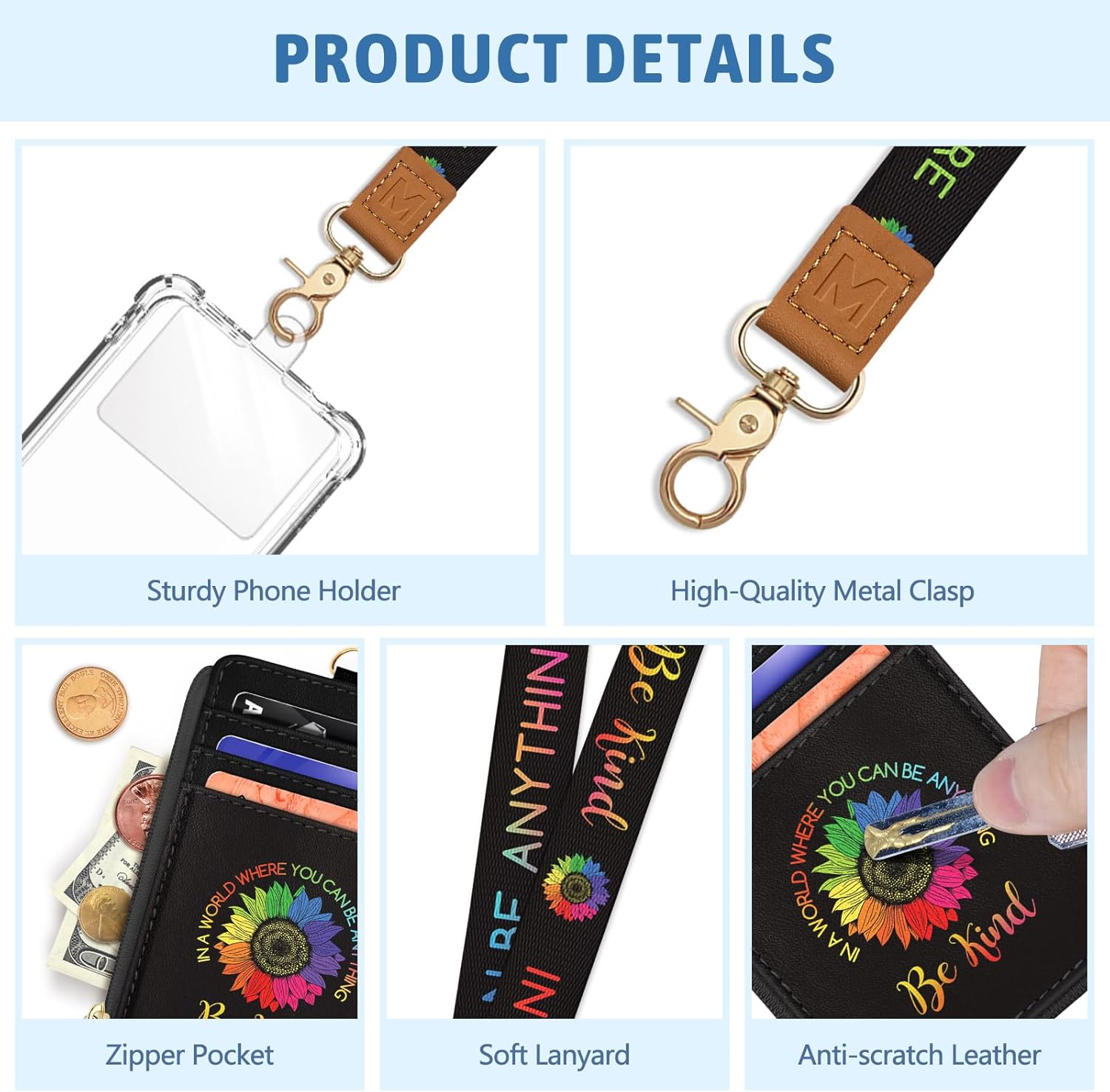 Be Kind Sunflower Lanyard Wallet with ID Badge Holder, Small RFID Wallet Women Keychain Wristlet, Slim Credit Card Holder Case with Zipper Pocket Phone Lanyard Wrist Strap Name Tag Office Teacher Gift - Image 6