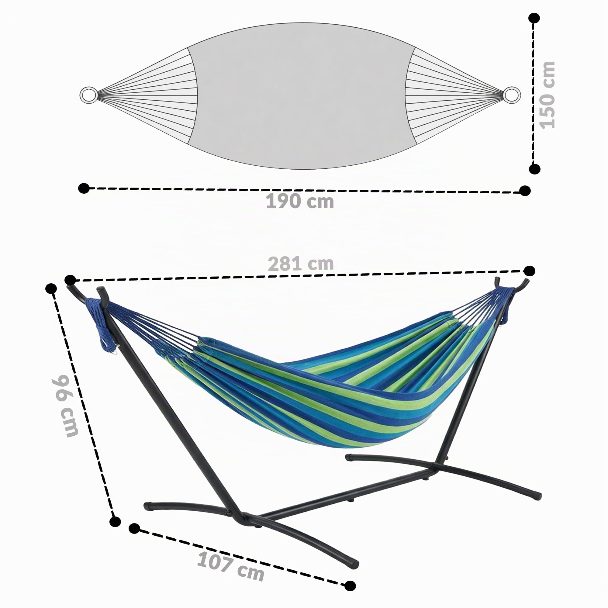 LEHMANN Hamac avec Support en Acier, Capacité de Charge 200 kg, pour 2 Personnes, Pliable et Transportable avec Sac de Transport, idéal pour Camping, Jardin et Balcon