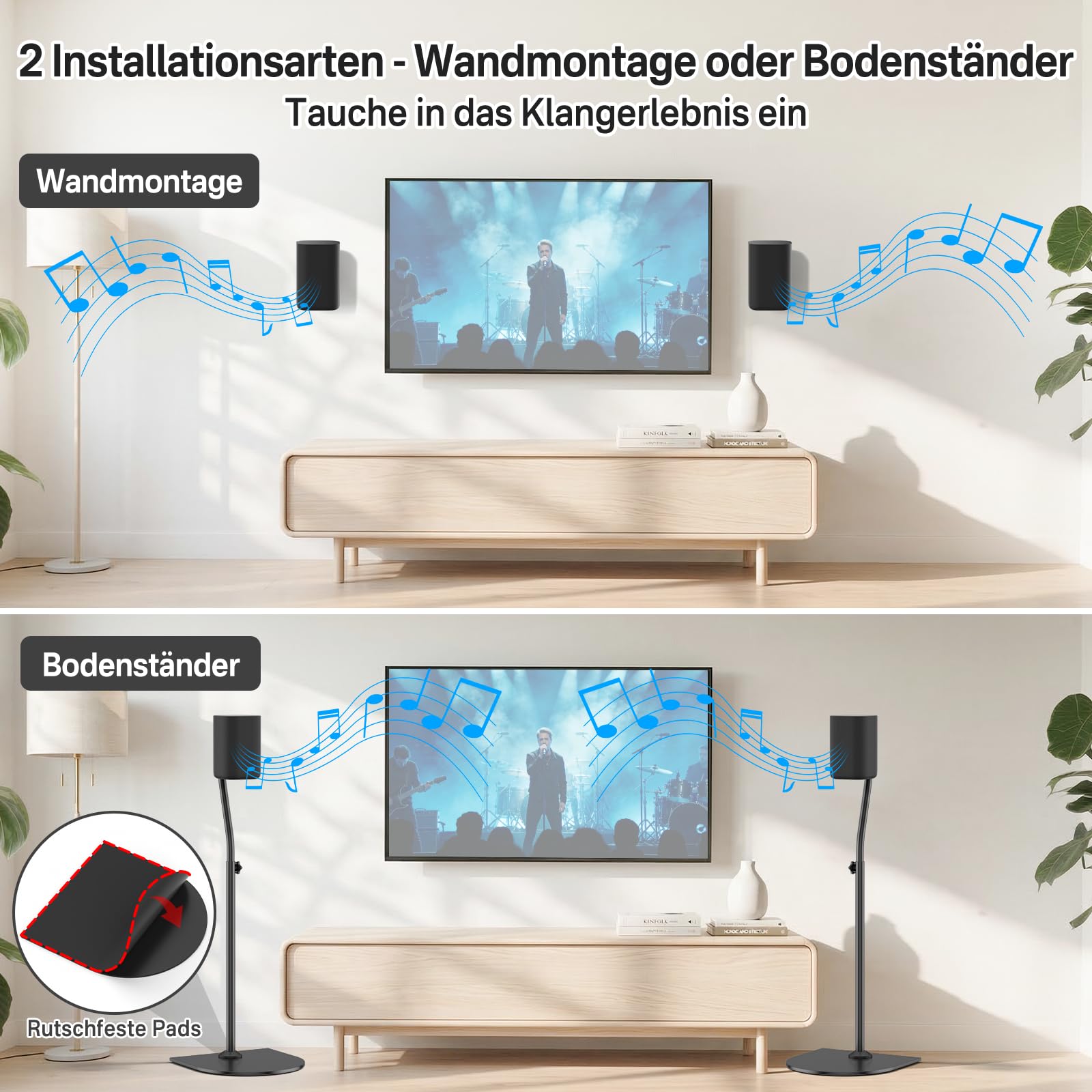Coppia di Supporti per Altoparlanti Universali, regolabili in altezza da 84–106 cm, con Supporto da Parete per Samsung, Vizio, Bose, LG, Roku posteriori e surround