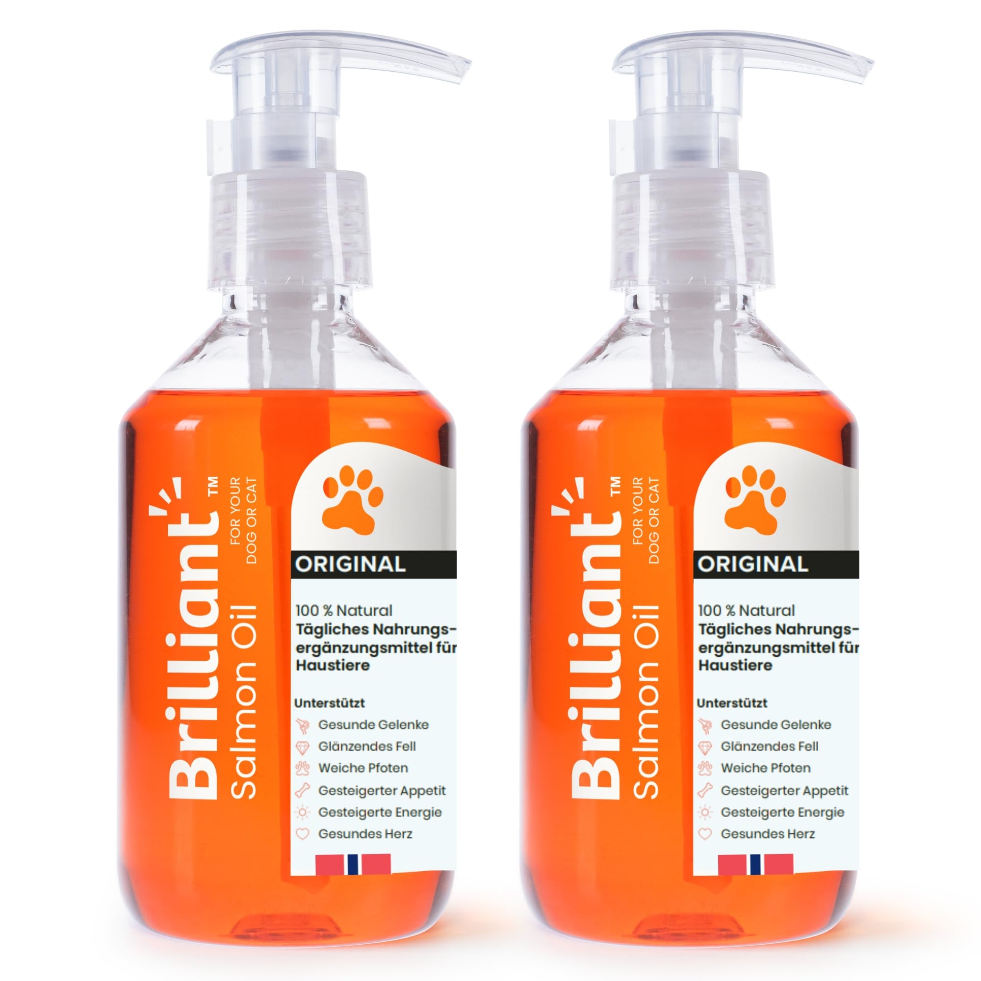 Hofseth BioCare BRILLIANT | Norwegisches Lachsöl für Katzen und Hunde Fördert glänzende Mäntel | Verbesserter Appetit | Weiche Pfoten | Energie erhöhen | Nicht GVO | 2 x 300ml