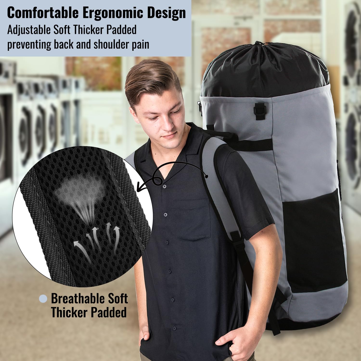 JOINPRO Wäschesack-Rucksack, 125 l, extra große Reise-Wäschesäcke mit Schultergurten, verstellbares und ausziehbares Design, Wäschesammler mit 3 Taschen für Waschsalon, Uni, Reisen, Camping